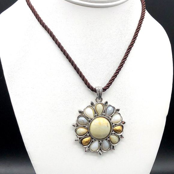 Cookie Lee Jewelry - Cookie Lee Necklace Neutral Glass Stones Flower Pendant Brown Satin Cable Choker